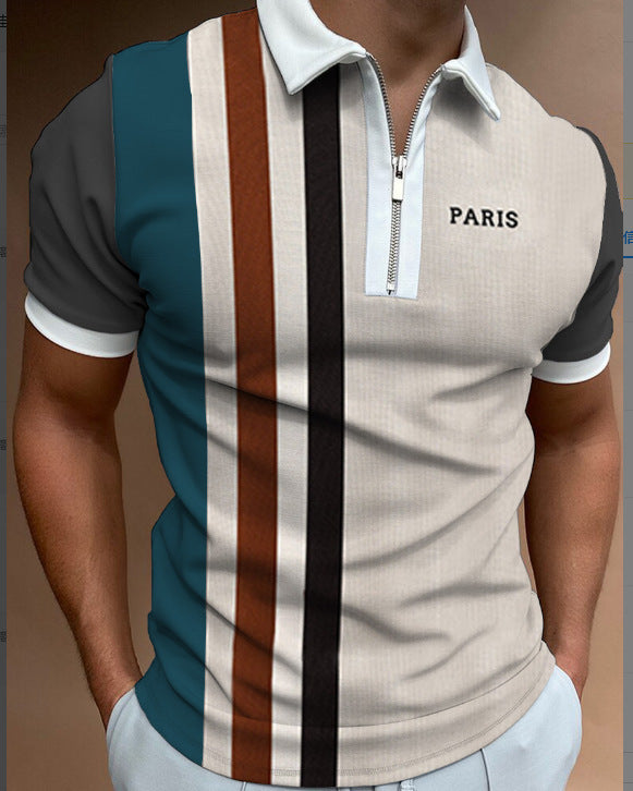 Trendy Men's Short Sleeve Polo Shirt Casual Zipper Lapel Top